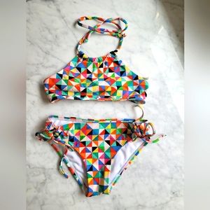 Hobie Girls' Diagonal Geo High Neck Halter swimsuit